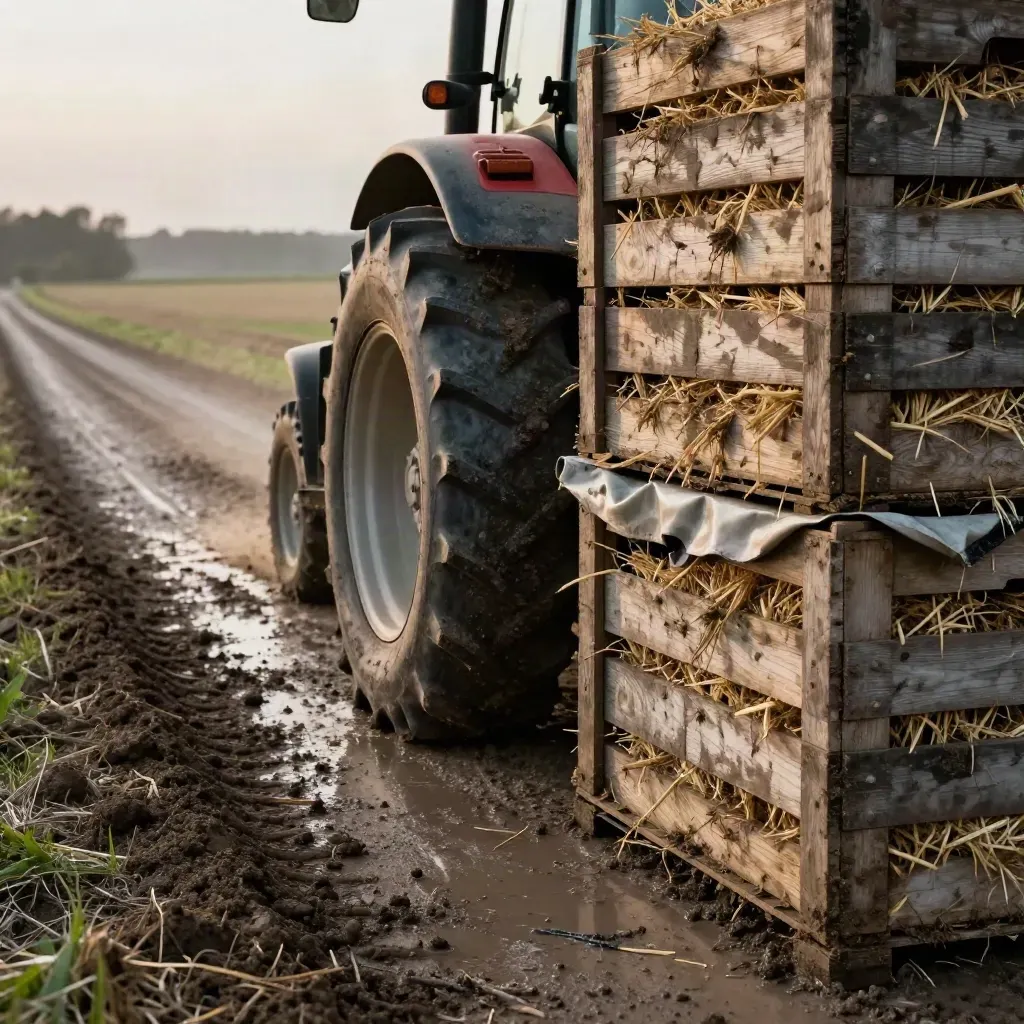 Matschiger Feldweg mit Erntekisten und Traktorrad am Hof, frische Spuren im warmen Licht.