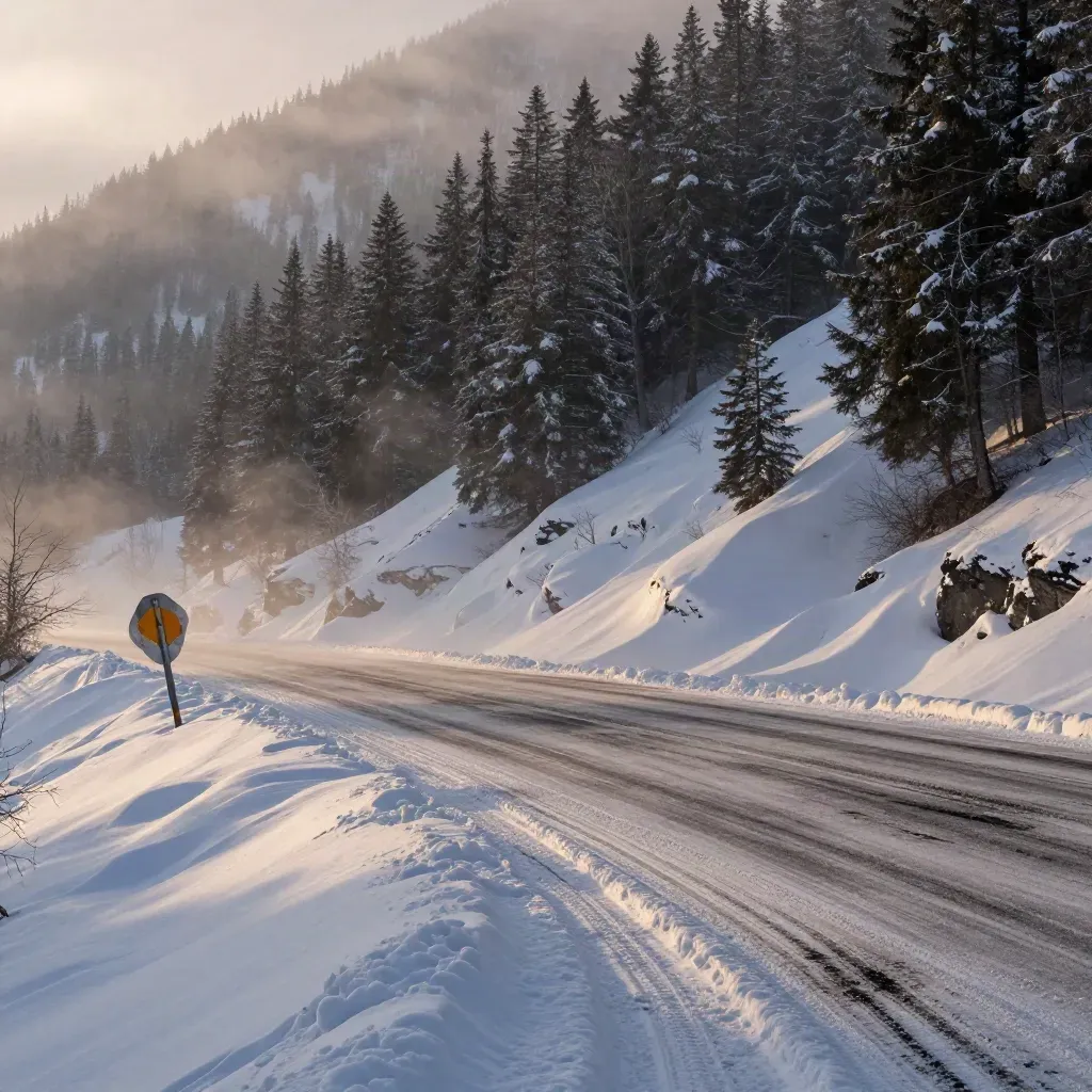 Schneebedeckte Bergstraße mit Spurrillen, Markierungspfosten und Firnhängen im Morgenlicht