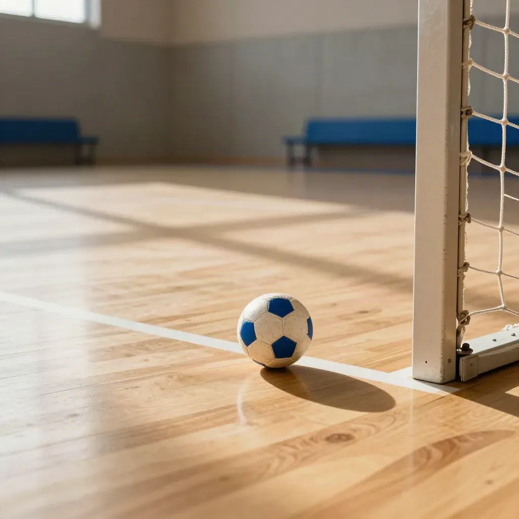 Handball auf Hallenboden, Ball kurz hinter der Torlinie mit Netzschatten