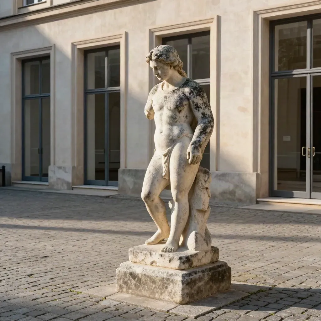 Steinskulptur im Museumshof vor heller Fassade und offenen Glastüren