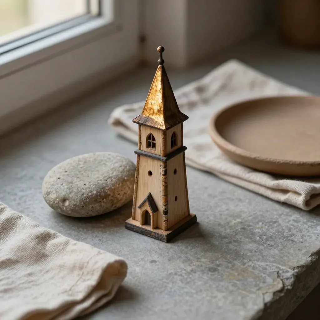 Holzturm-Miniatur mit Flussstein und Leinentuch auf Steinschale