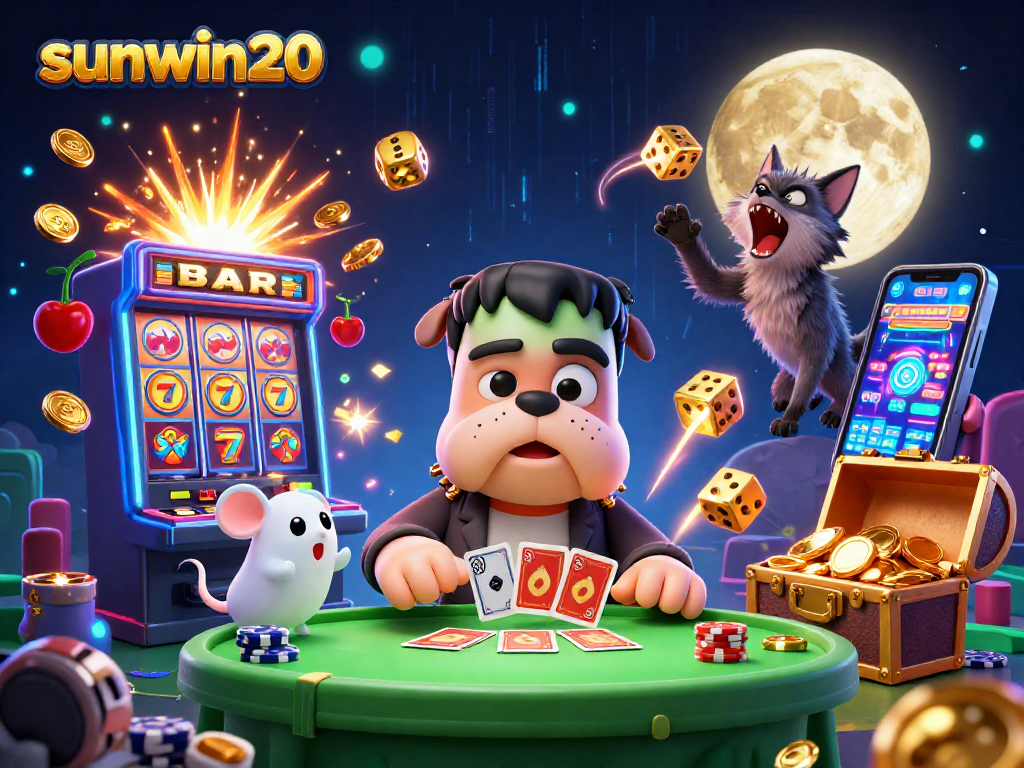 Engage with sunwin20 at a lively casino scene featuring a 3D Frankenstein bulldog dealer and enchanting ghost characters.