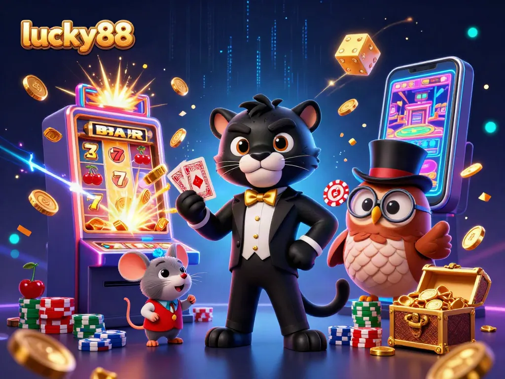 Experience the thrill of lucky88 with a vibrant casino scene featuring engaging characters and dynamic game elements.