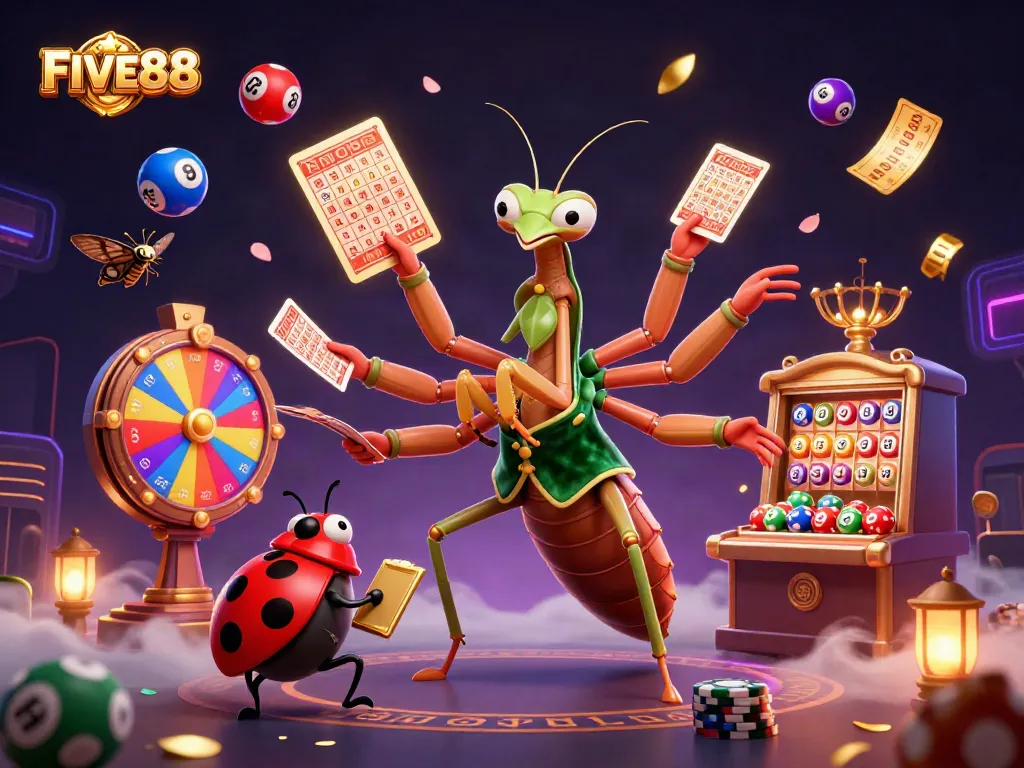 Join the action at FIVE88 with lively casino elements like cards, chips, and vibrant game pieces.