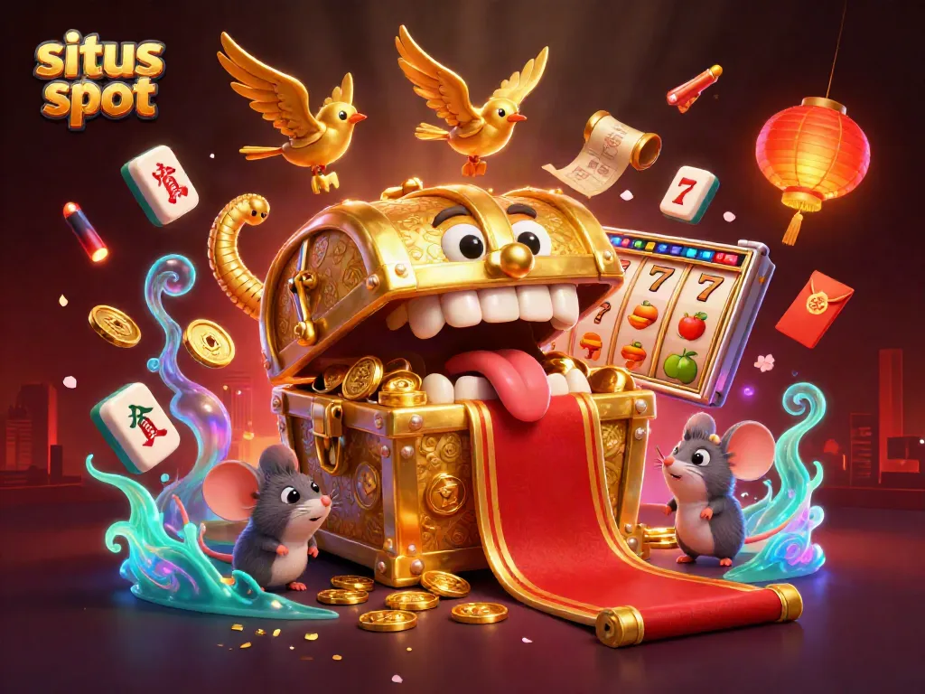 Experience situs slot with dynamic gaming scenes featuring treasure chests and vibrant jackpots.