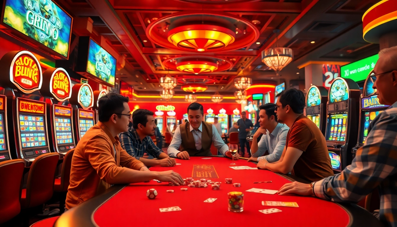 Casinospielen.de bietet eine aufregende Atmosphäre mit Spielern und bunten Spielautomaten im Casino.