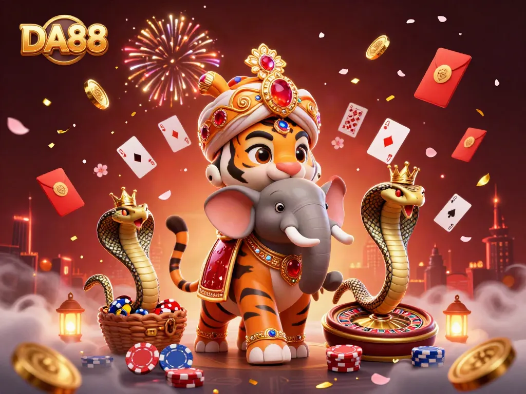 Experience thrilling games at DA88 with vibrant cards, roulette, and festive fireworks.
