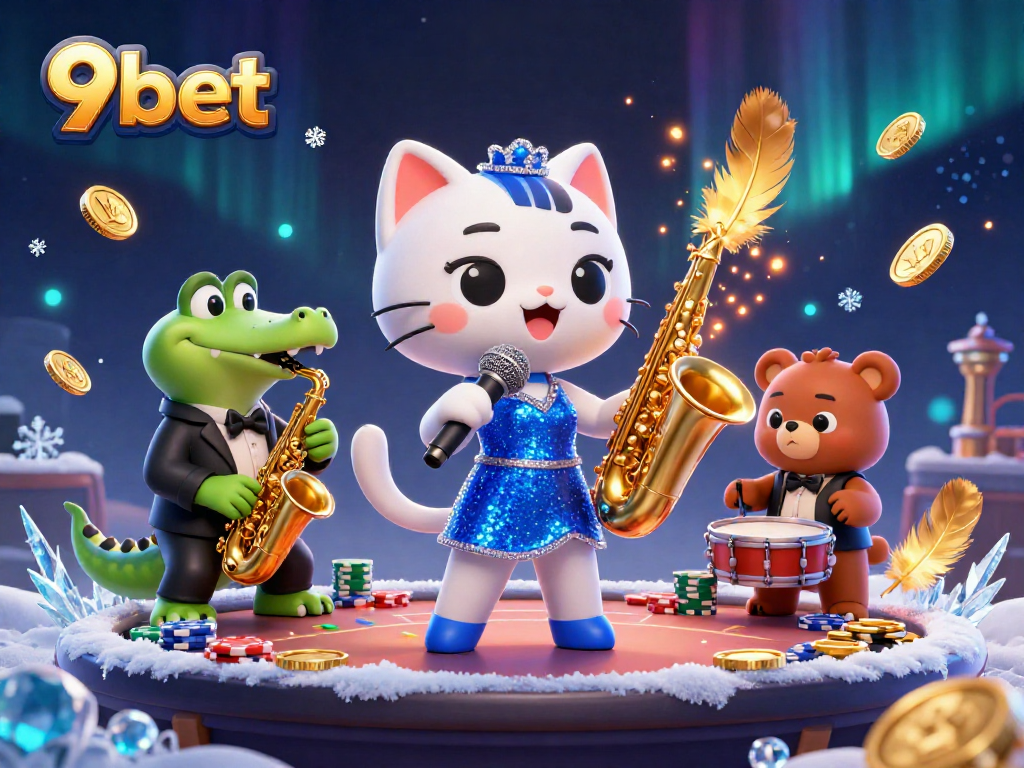 Experience the vibrant atmosphere of 9bet with a jazz-singer cat and gambling excitement.