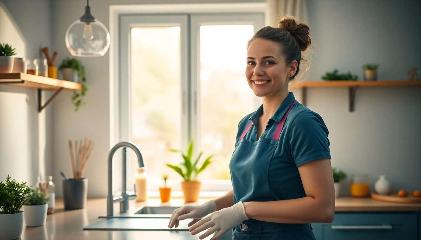 Hauswirtschaftskraft in Hameln, die freundlich in einem modernen Raum mit Haushaltsutensilien beschäftigt ist.