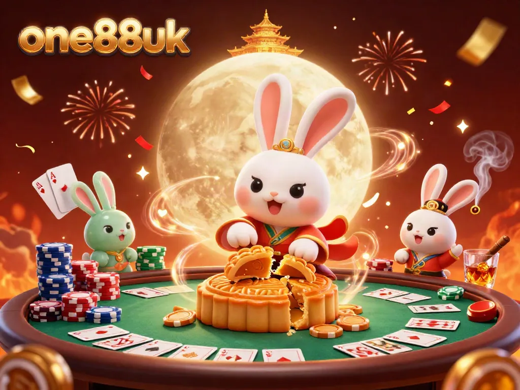Engage with one88uk's vibrant 3D illustration showcasing a moon rabbit interacting with poker chips and casino elements.