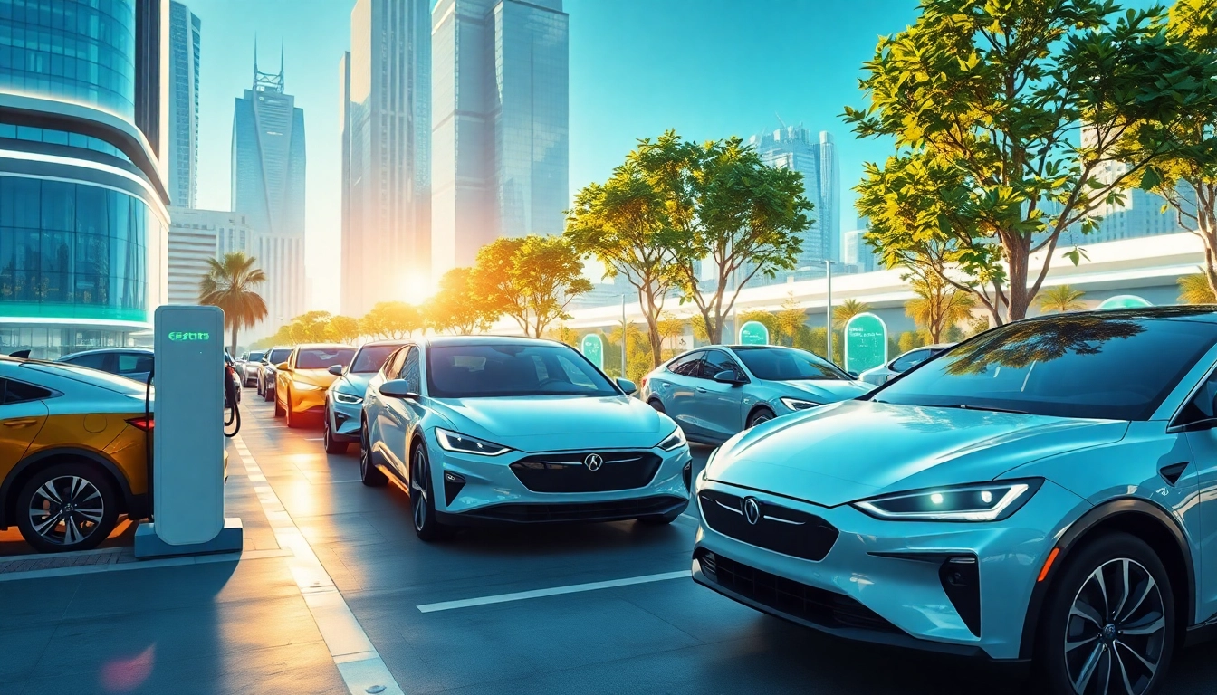 Elektroautos auf einer futuristischen Stadtstraße mit Ladesäulen und modernen Designs.
