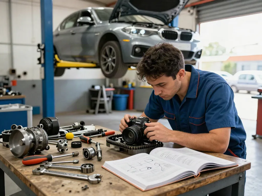 Mechaniker überprüft die Steuerkette beim BMW Steuerkettenwechsel in einer Werkstatt