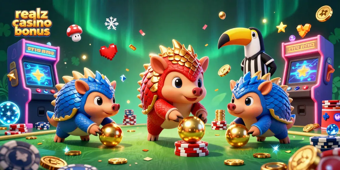 Realz Casino Bonus erleben: Rivalisierende Pangoline im Spiel zwischen Poker-Stacks und Casino-Maschinen.
