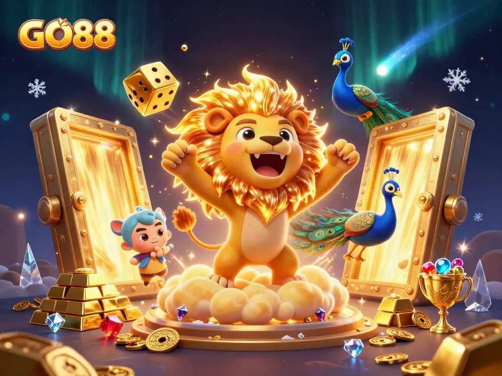 Experience the excitement of GO88 with vibrant golden treasures and a roaring lion symbolizing victory.