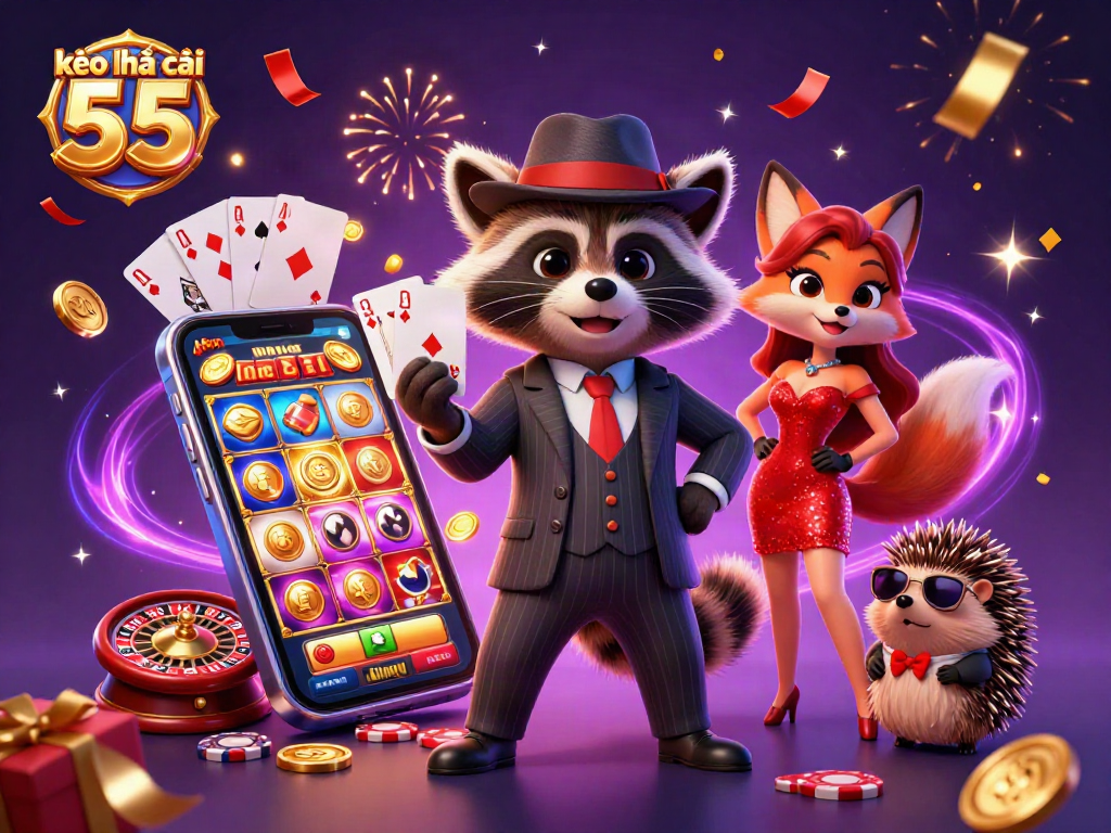 Engage with the vibrant atmosphere of kèo nhà cái 55 as characters celebrate their winning hand.