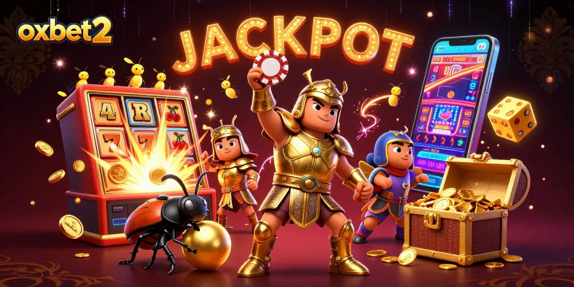 Experience the excitement of oxbet2 with cartoon characters celebrating a jackpot in a vibrant casino scene.