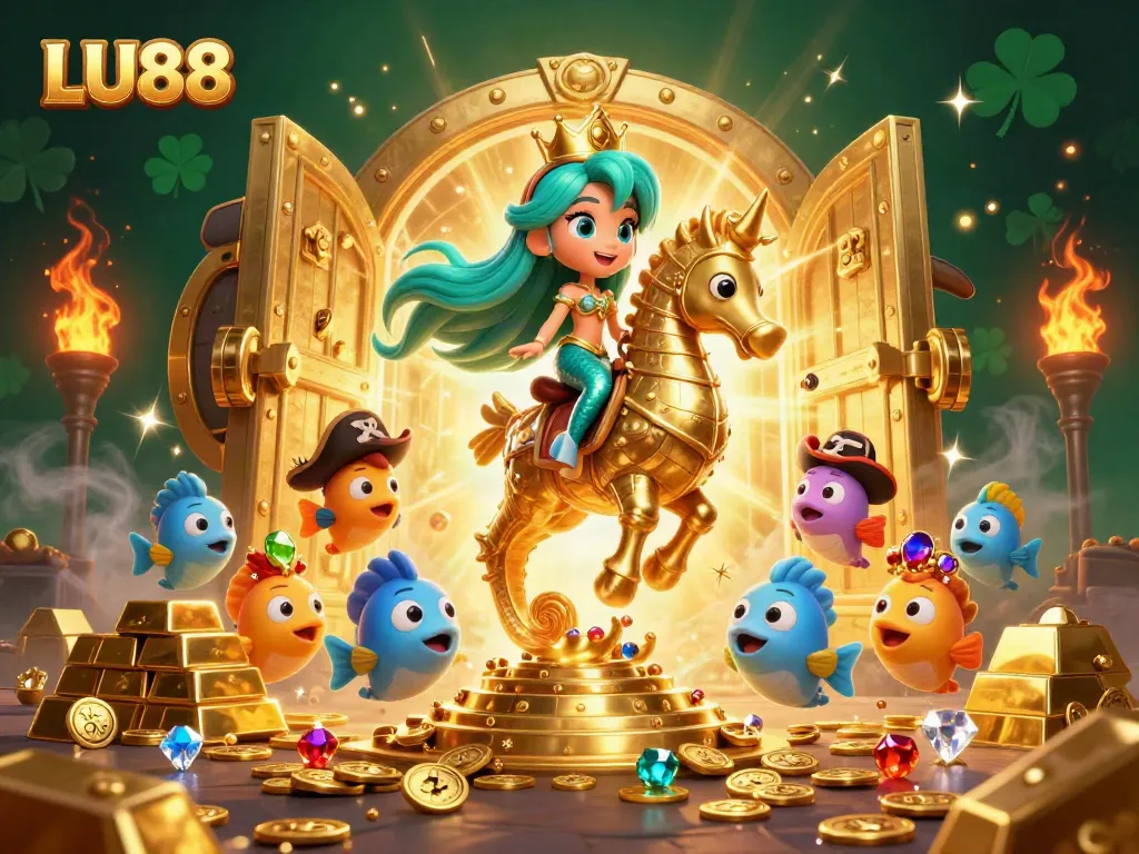 Experience thrilling gameplay at LU88 with a vibrant underwater casino scene showcasing treasure and lively characters.