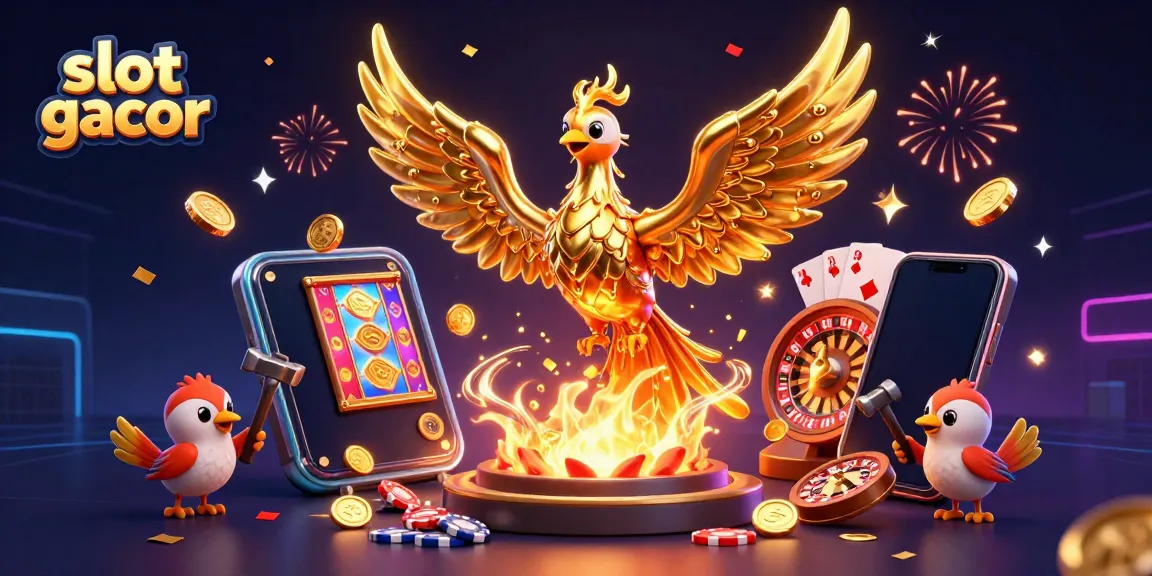 Experience the excitement of slot gacor with a vibrant 3D illustration showcasing a golden phoenix and mobile casino elements.