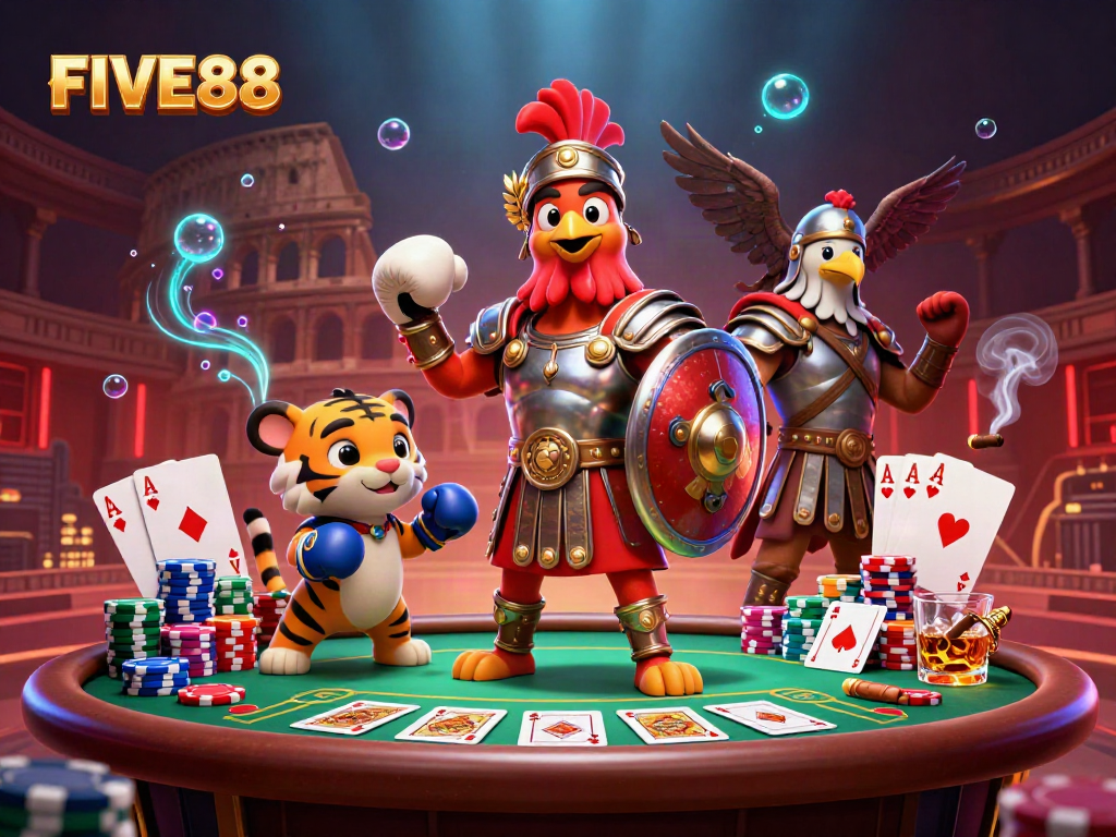 Engage with FIVE88's thrilling gaming scene showcasing a gladiator rooster and poker elements.