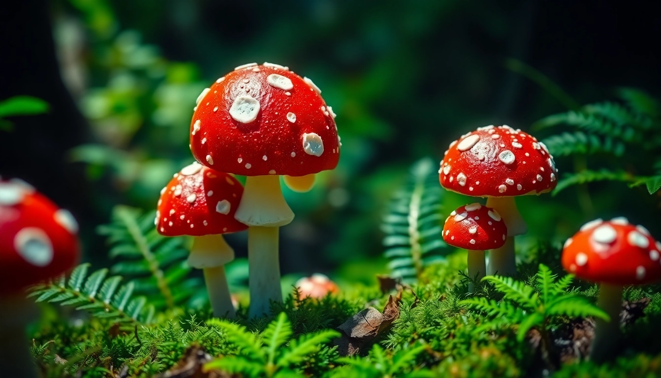 Amanita muscaria kaufen: Blick auf frische Fliegenpilze im Wald, lebendige Farben und magische Atmosphären.