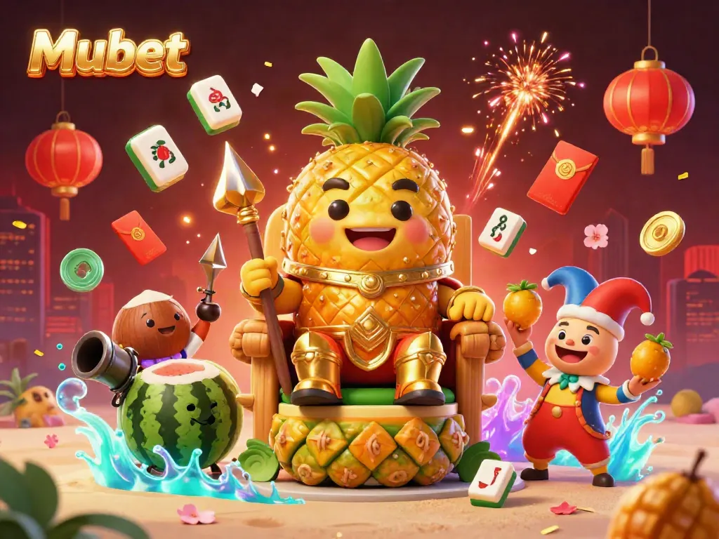 Mubet offers an exciting beach casino scene with the golden pineapple king and vibrant gaming elements.