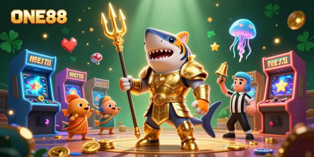 ONE88's vibrant casino scene depicts a tiger shark in armor, arcade machines, and gaming elements.