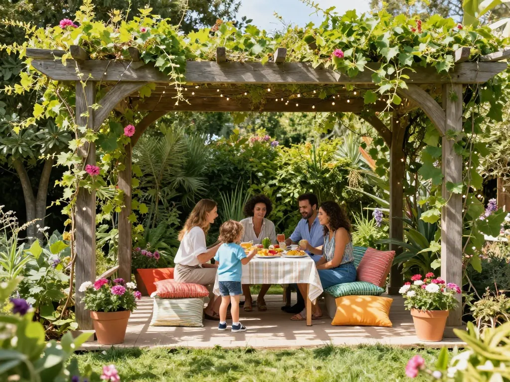 Familienbrunch im Freien unter einer stilvollen Pergola 3D in einem lebhaften Garten.