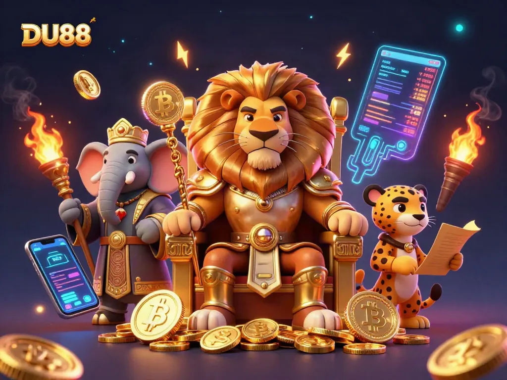 Engage with DU88's thrilling casino vibes through a vivid illustration of a lion king and wise elephant amidst vibrant game elements.