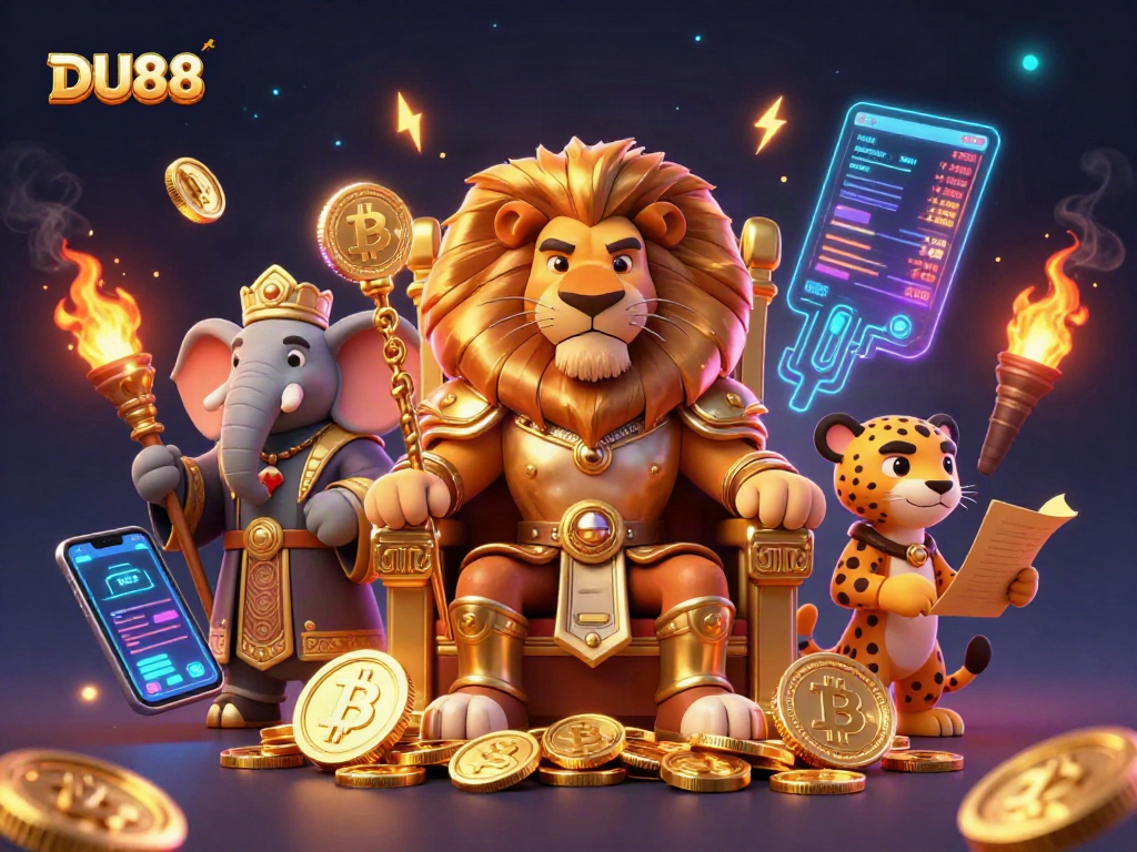 Engage with DU88's thrilling casino vibes through a vivid illustration of a lion king and wise elephant amidst vibrant game elements.