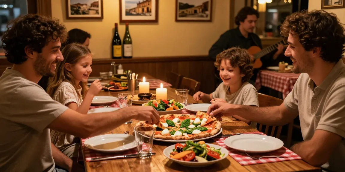 Family enjoying authentic Italian pizza and dishes at Pizzeria Madera, celebrating pg soft flavors in a cozy atmosphere.