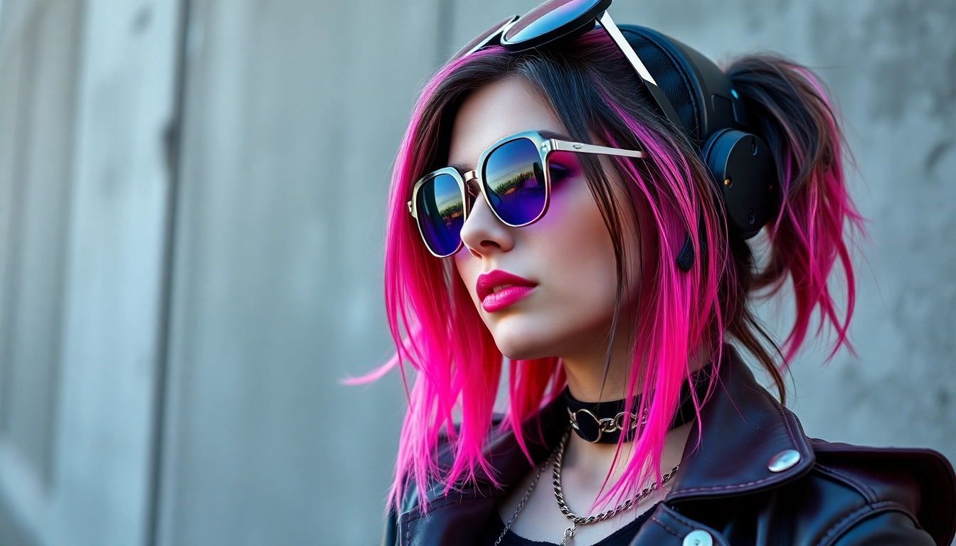 Gestalte ein einzigartiges E-Girl-Outfit für den Shop https://e-girl-style.de/ mit einem urbanen, trendigen Look und lebhaften Farben.