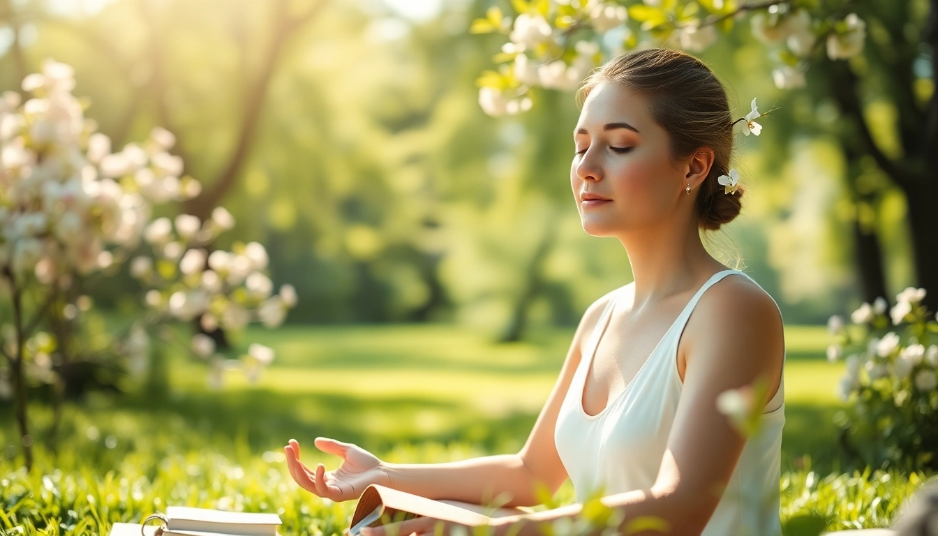 Woman meditating in a park, promoting emotional wellbeing and tranquility through nature.