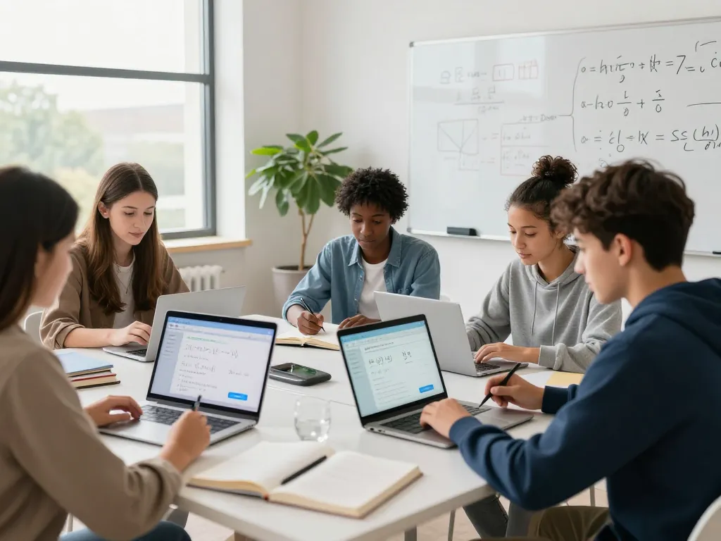 Studierende nutzen Hausaufgaben Löser online für gemeinsames Lernen in einem hellen Arbeitszimmer.