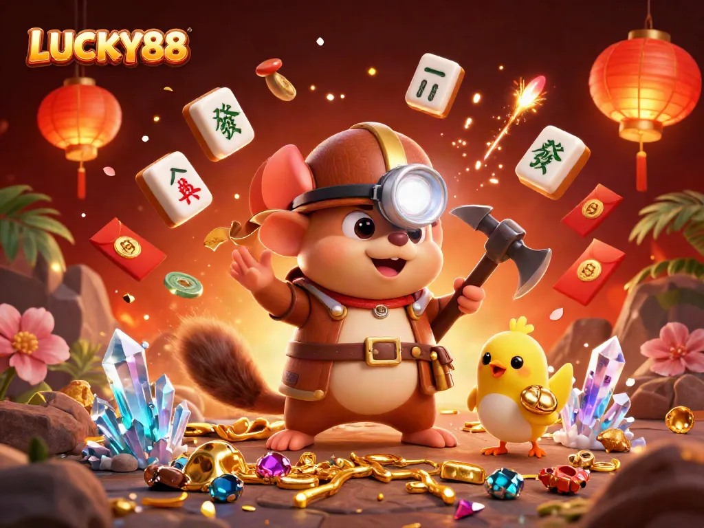 Experience LUCKY88 with a treasure hunter miner and glowing gems in an action-packed casino scene.