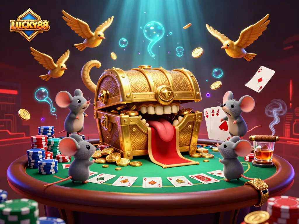LUCKY88 slot game treasure scene with adventurous mice seeking riches amid poker elements