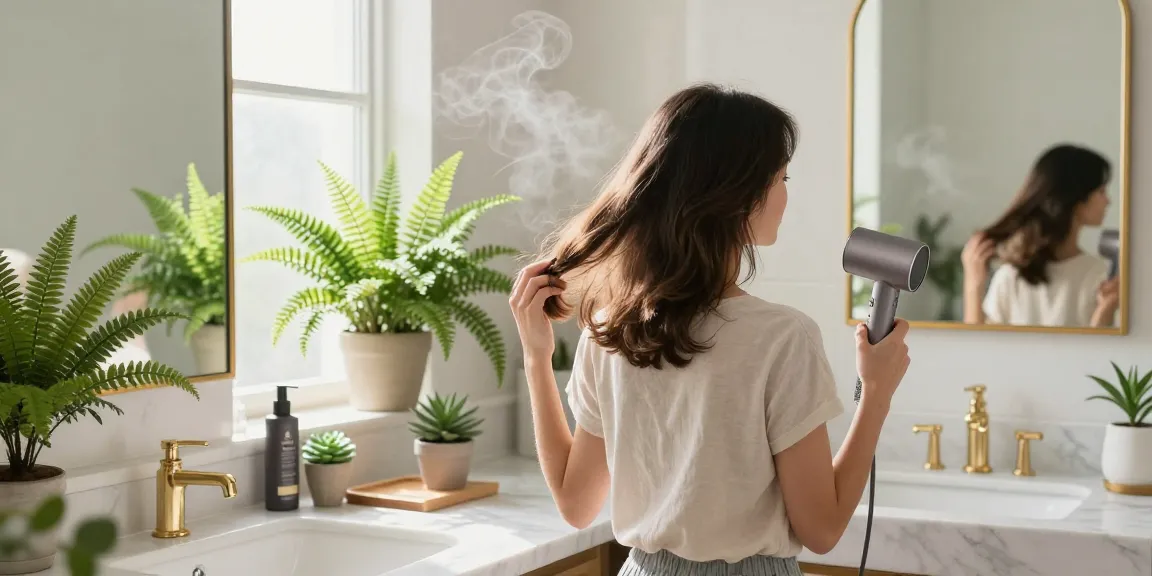 Using a compact hair dryer in a stylish bathroom during morning light for effortless styling.