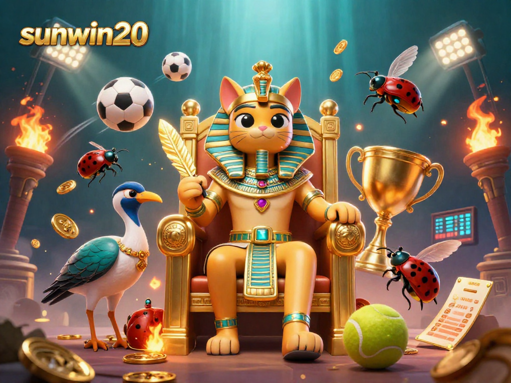 Experience the thrills at sunwin20 with a vibrant 3D gaming scene featuring Egyptian characters and dynamic sports elements.
