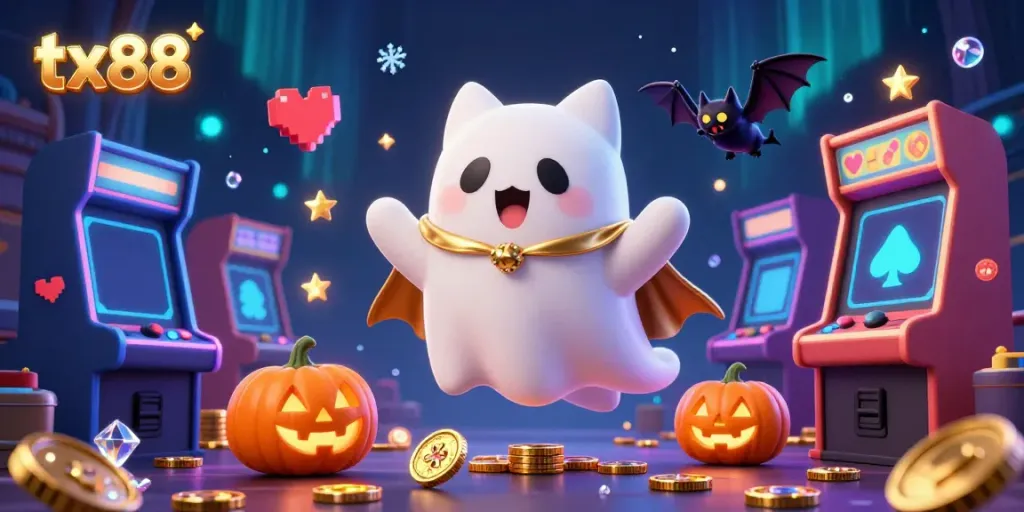Engage with tx88 through a vibrant illustration of a ghost cat in a haunted casino filled with gaming elements.