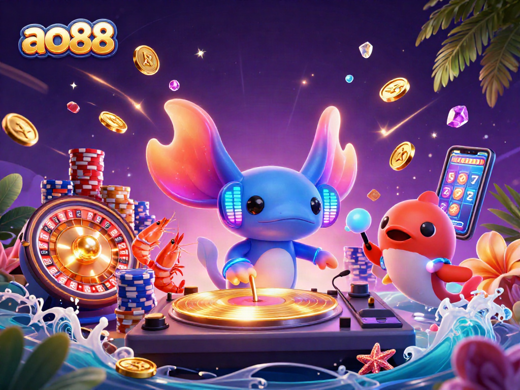 Experience the vibrant ao88 casino scene with a DJ axolotl spinning excitement and golden wins.