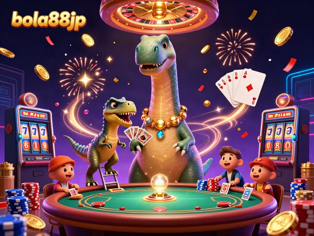 Win big with bola88jp as a cartoon brontosaurus watches a raptor deals cards at a poker table.