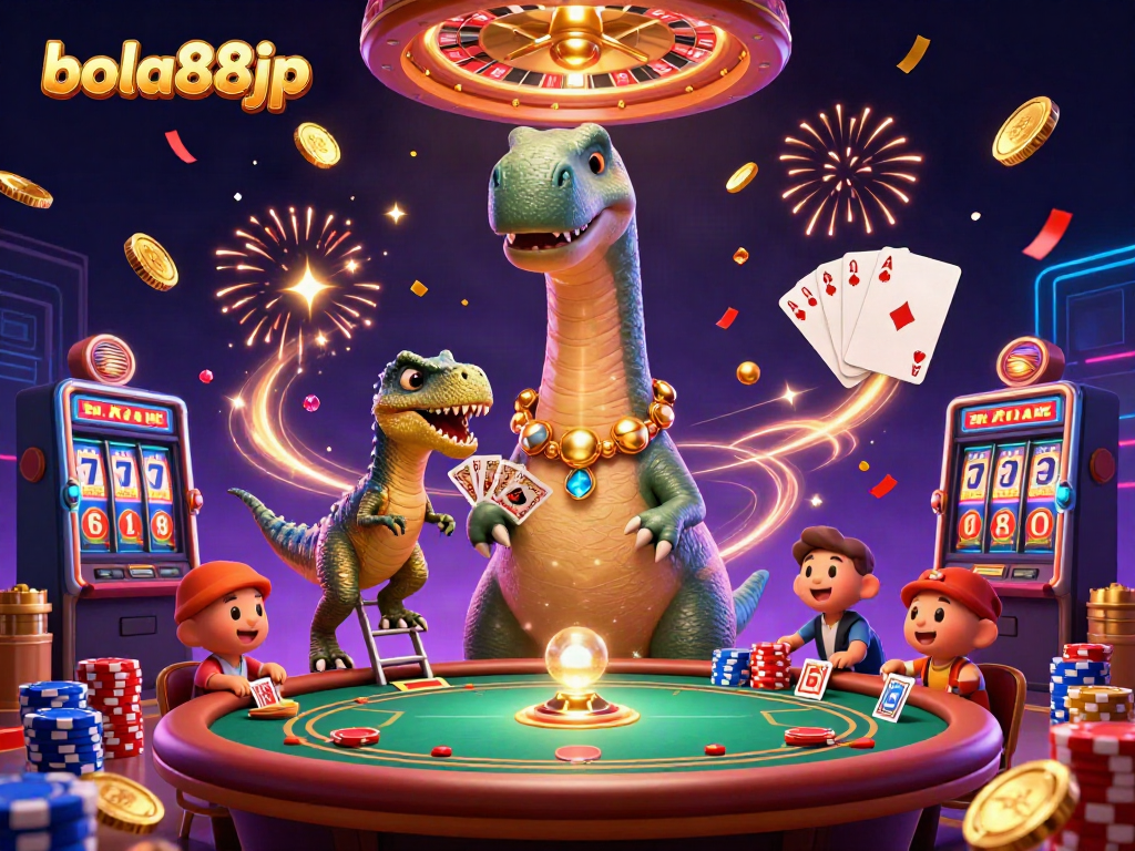 Win big with bola88jp as a cartoon brontosaurus watches a raptor deals cards at a poker table.