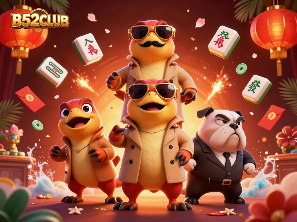 B52CLUB raptors in disguise humorously attempting VIP casino entry with vibrant game elements.