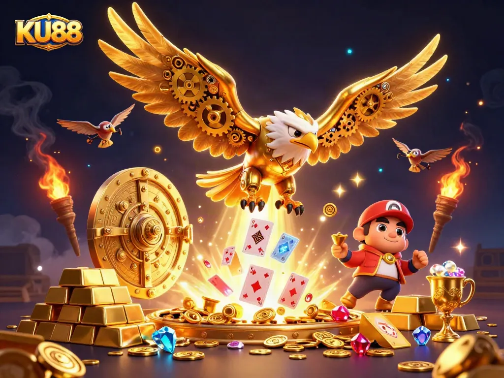 Experience exciting gameplay at KU88 with a cybernetic gold eagle swooping down amidst dazzling casino elements.