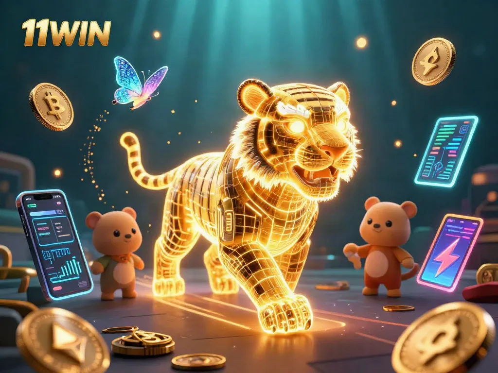 Experience thrilling gambling with the dynamic 11WIN scene featuring a golden tiger in a digital casino.