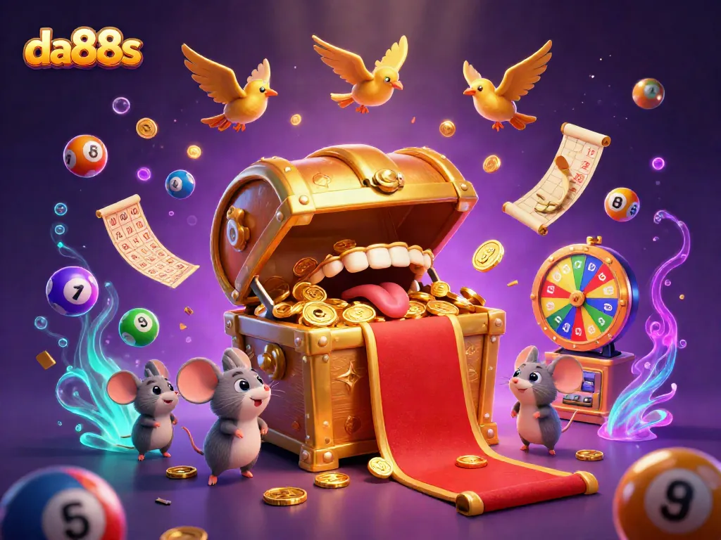 Engage in exciting lottery games at da88s with colorful balls, treasure chests, and prize wheels.