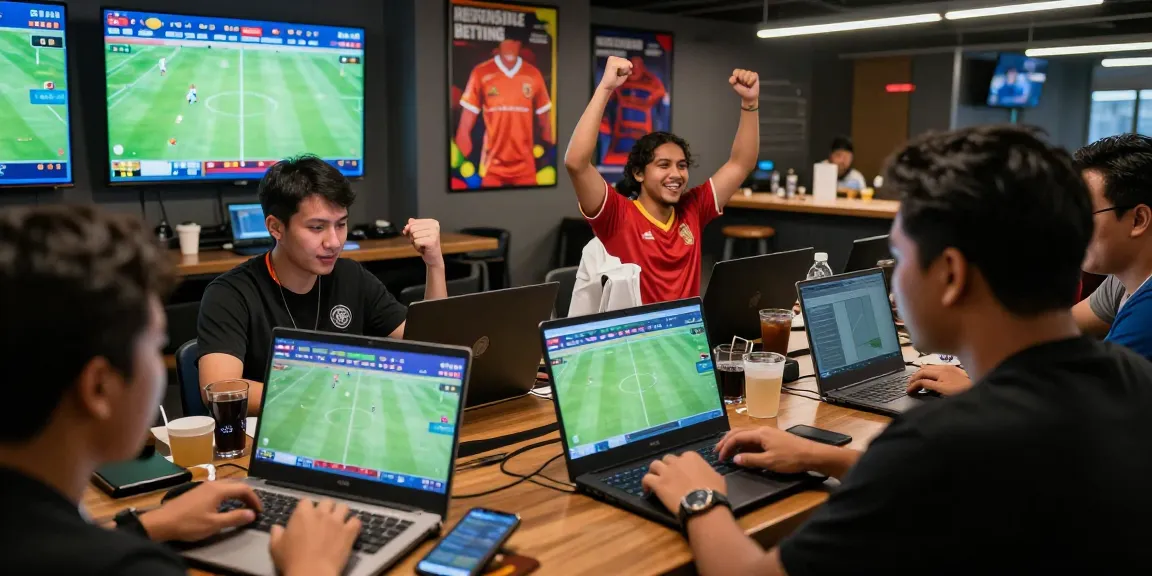 Suasana taruhan bola di platform online dengan pemain merayakan kemenangan.