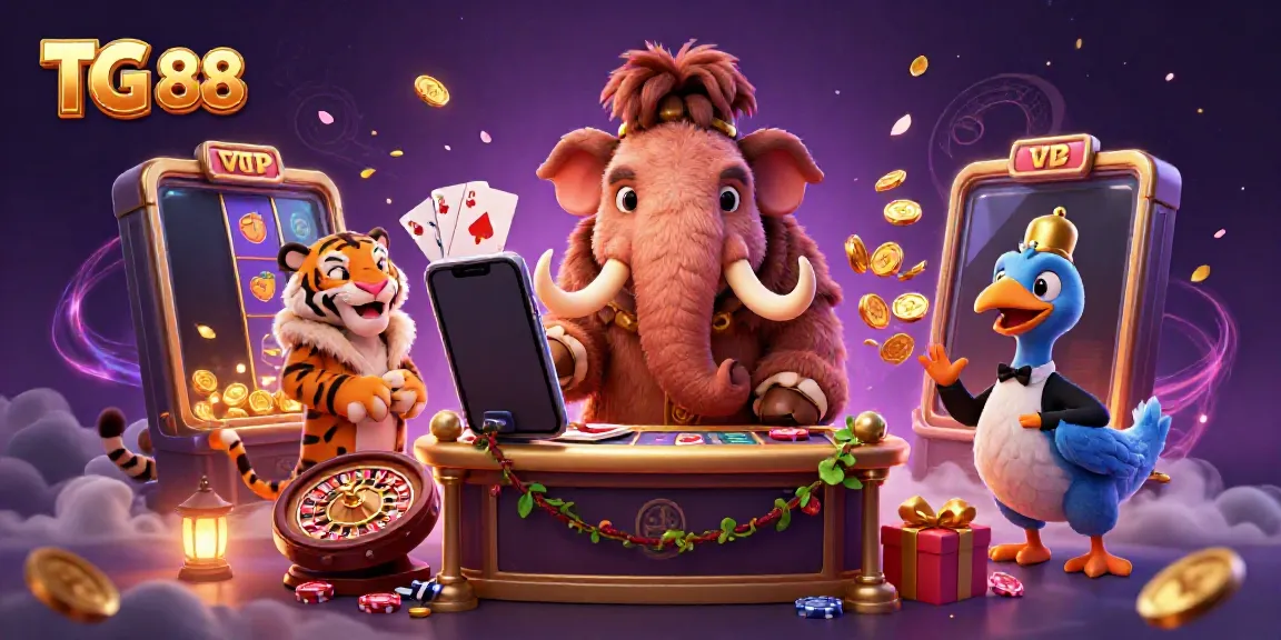 The TG 88 scene showcases a busy casino entrance with colorful slot games and casino characters interacting.