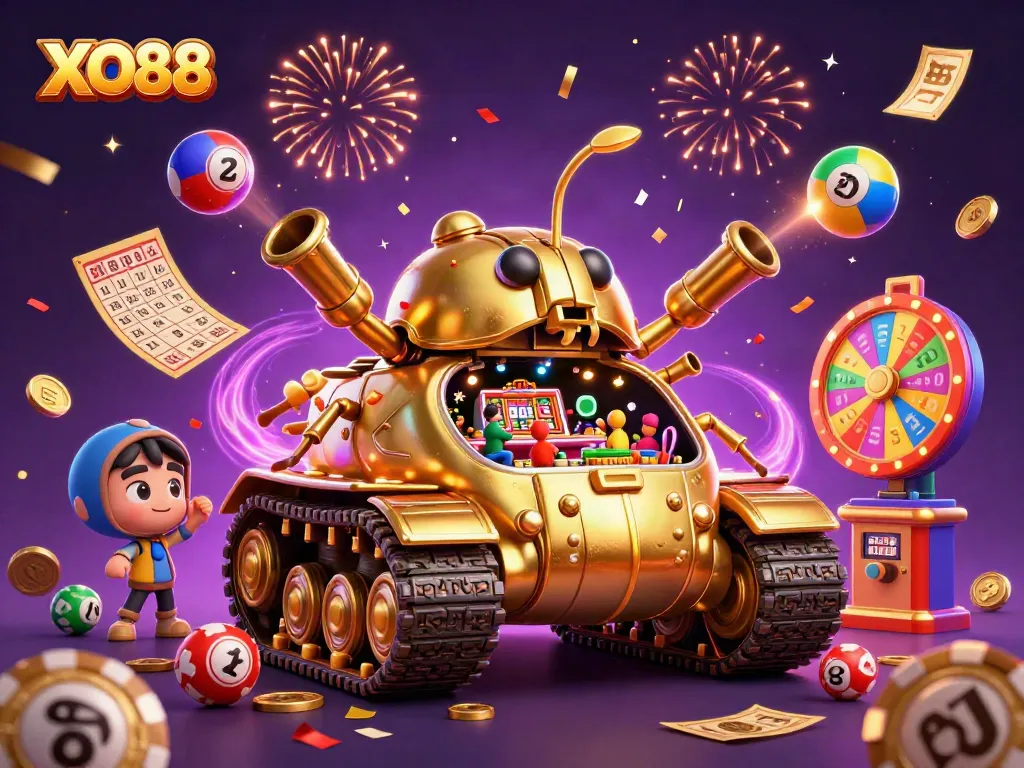 Experience the excitement of XO88 with a dynamic golden beetle tank casino scene, showcasing thrilling games.