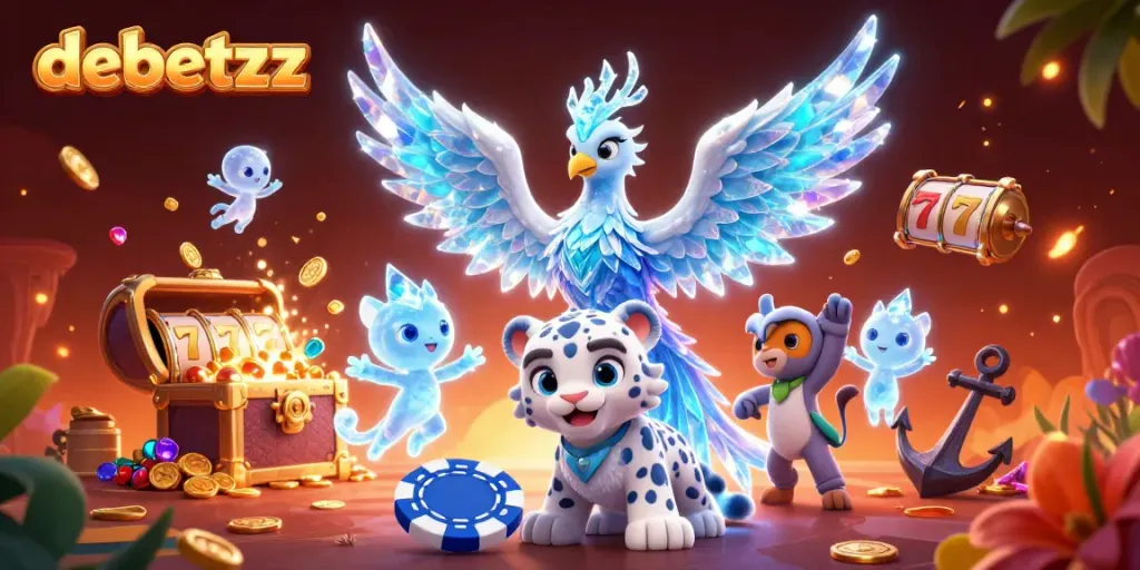 Engage in thrilling action with debetzz, featuring a vibrant scene of an ice phoenix, poker elements, and casino riches.
