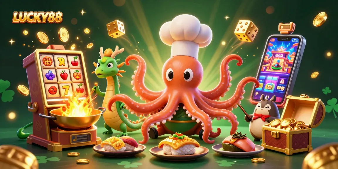 Experience LUCKY88 with a vibrant 3D casino scene featuring a dynamic sushi chef octopus and colorful game elements.